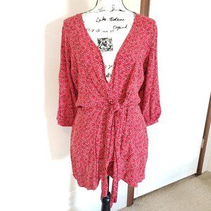 Free People Clara Floral Print Tunic Faux Wrap Red Mini Dress Medium